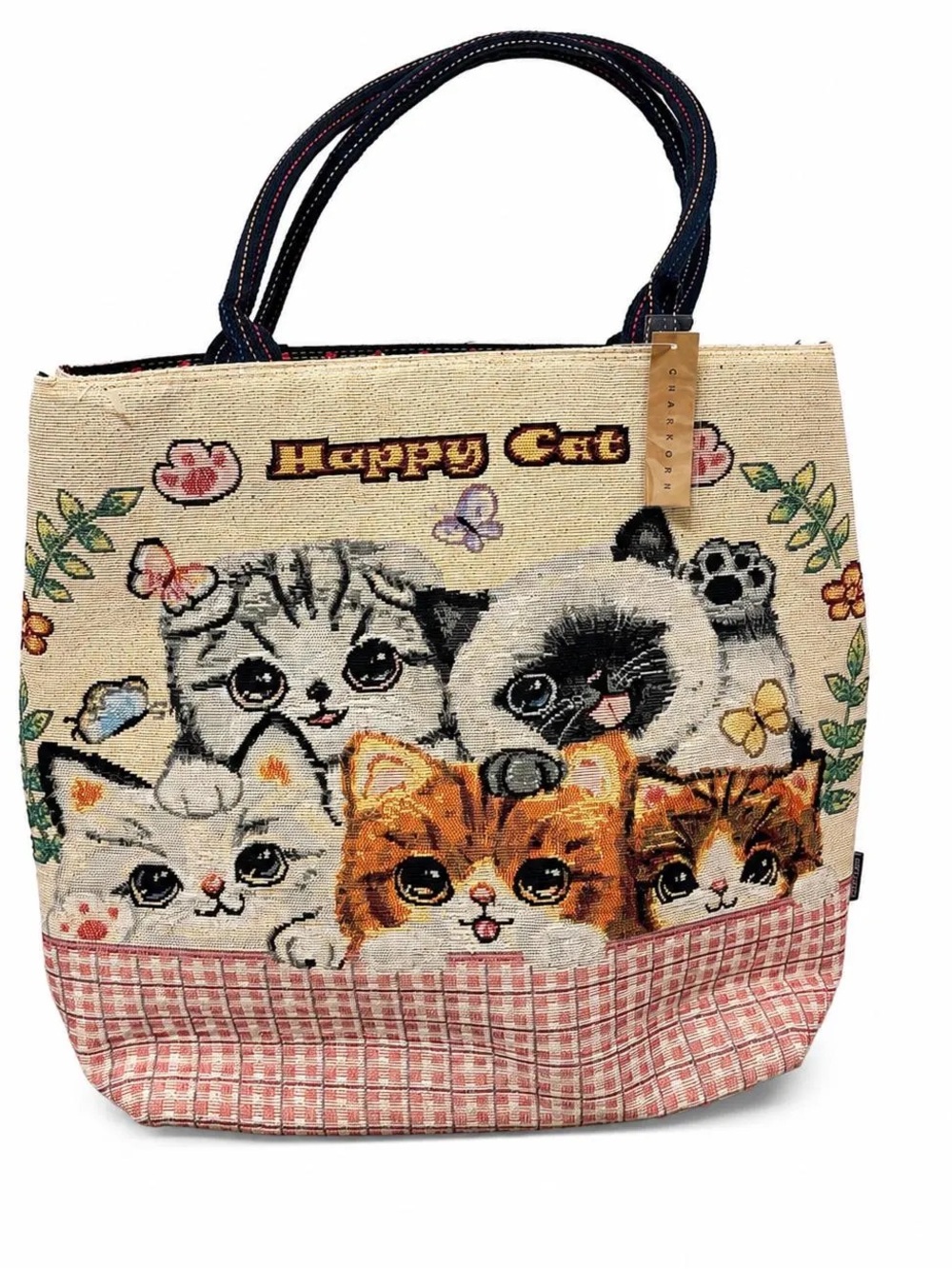 Vintage Large Woven Tapestry Cat Tote Bag Kitty Cat Handbag, Made in Thailand